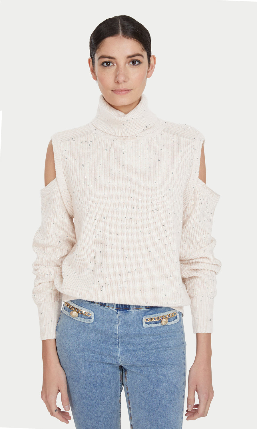 Norah Cold Shoulder Sequin Sweater - Cream
