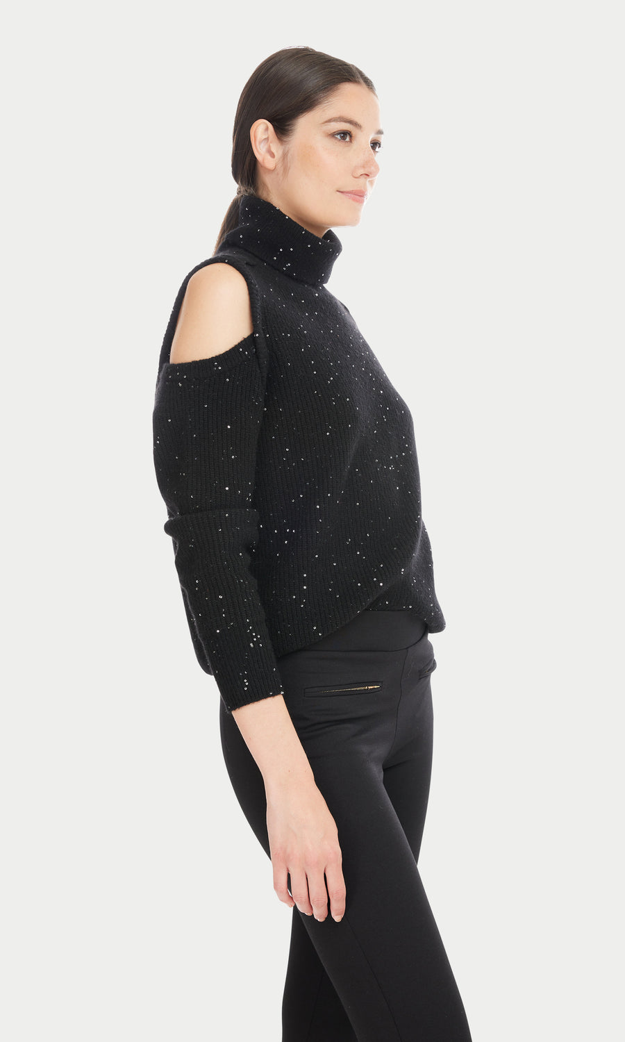 Norah Cold Shoulder Sequin Sweater - Black
