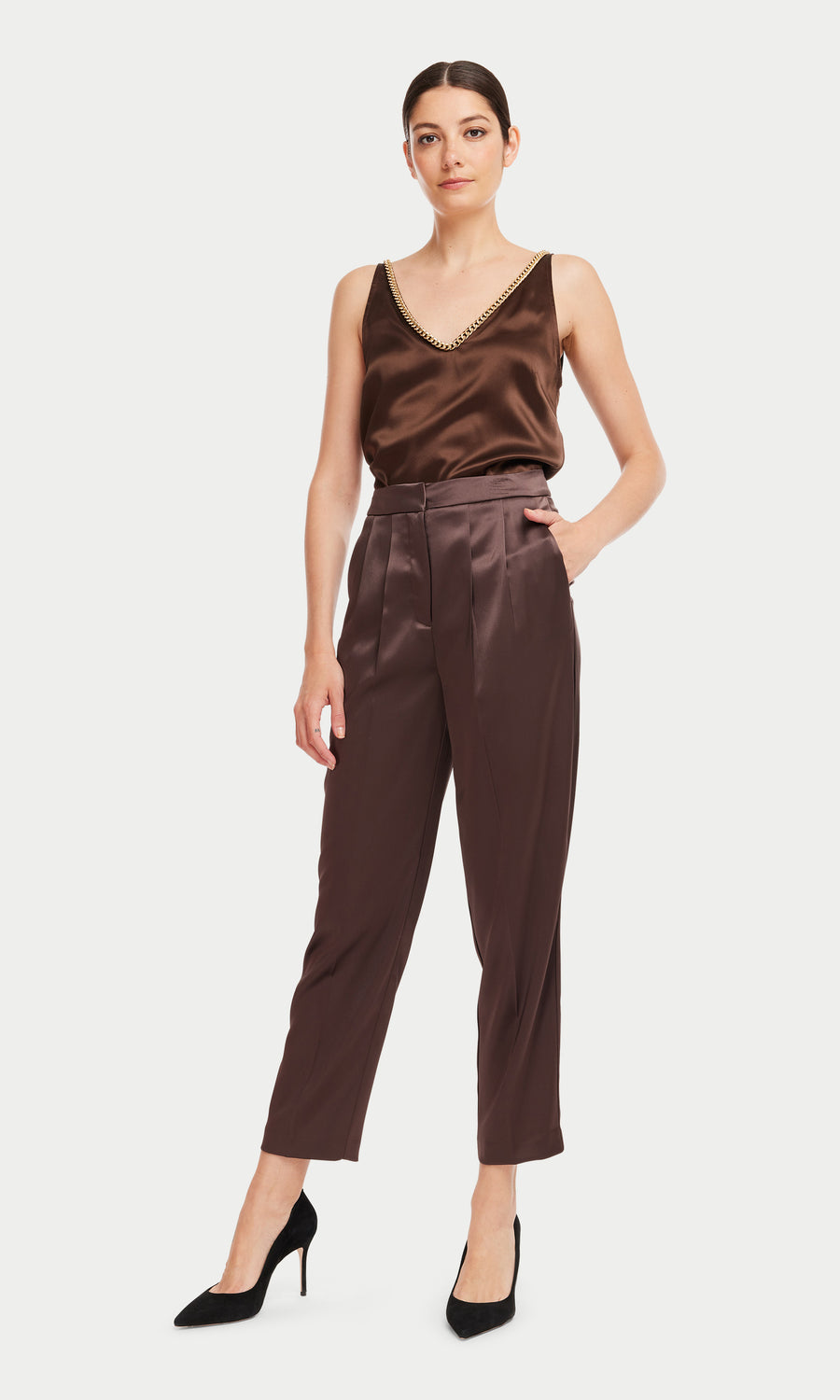 Portia Pleated Satin Pants - Espresso