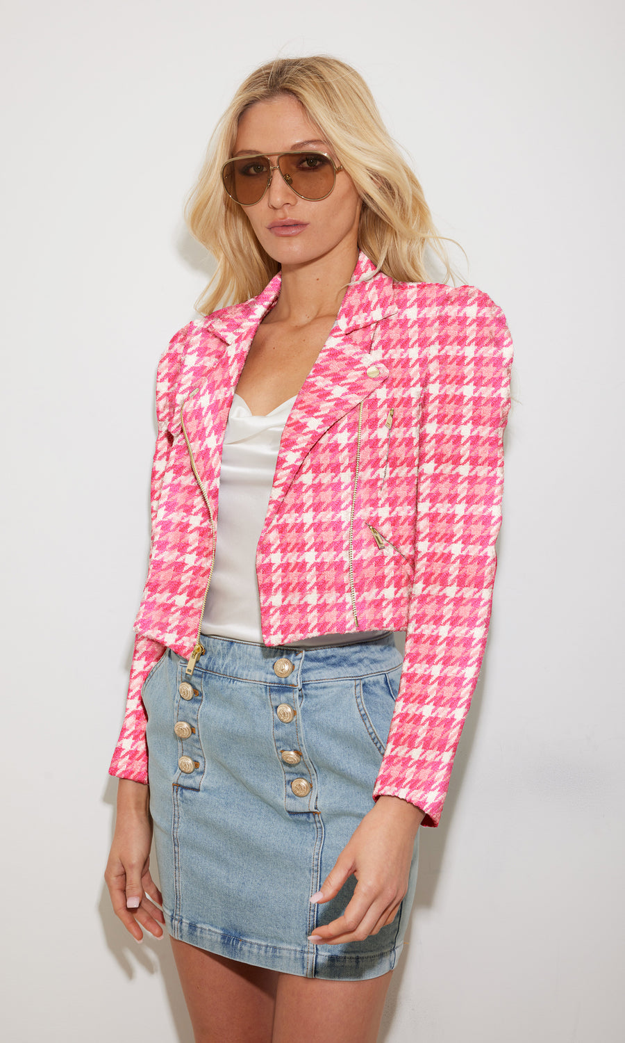 Rocky Tweed Moto Jacket - Hot Pink Houndstooth